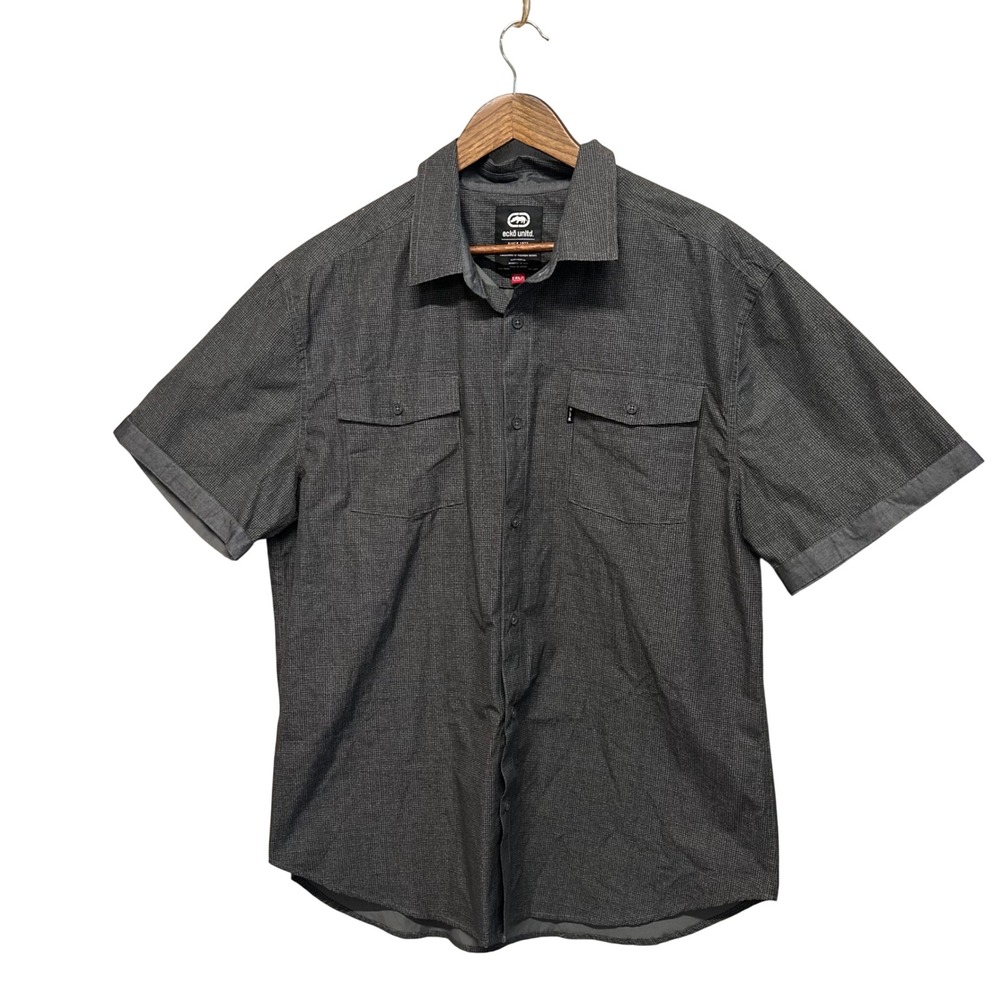 Ecko Unltd Mens Sz XL Short Sleeve Button Up Shirt Gray Plaid Pocket‎ Streetwear